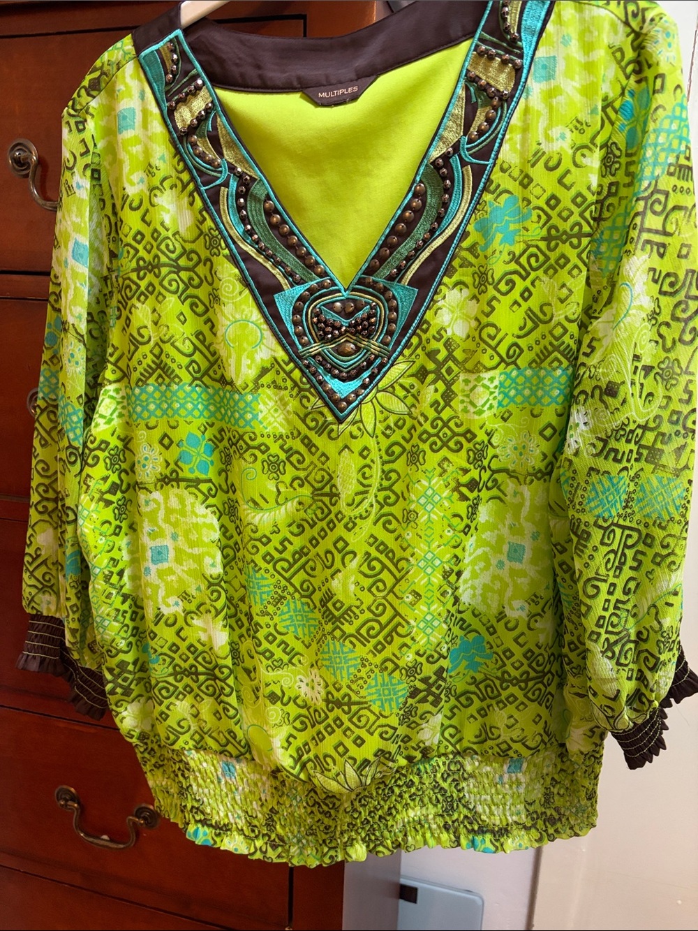 Multiples Lime Green and Turquoise Embellished V-Neck Tunic